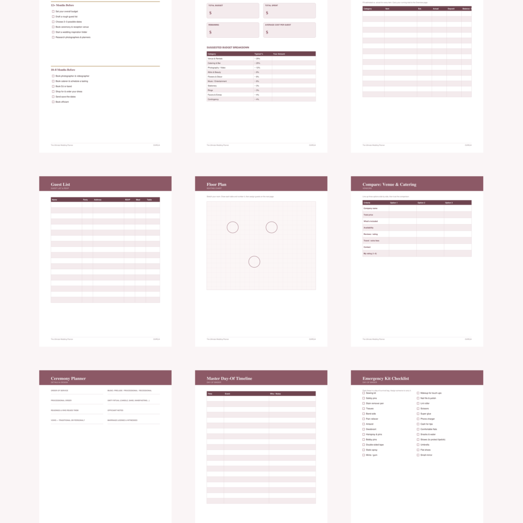 Nine interior pages including timeline, budget, guests, seating, vendors and day-of