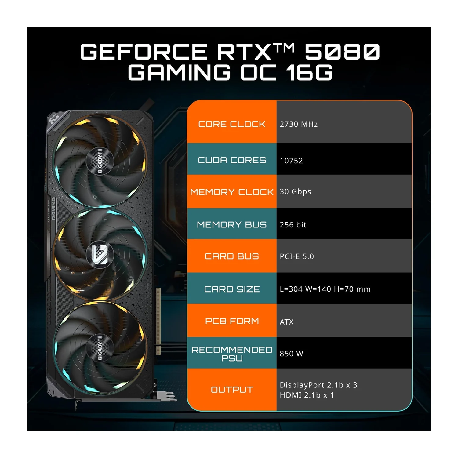 GIGABYTE GeForce RTX 5080 GAMING OC 16G graphics card, view 3