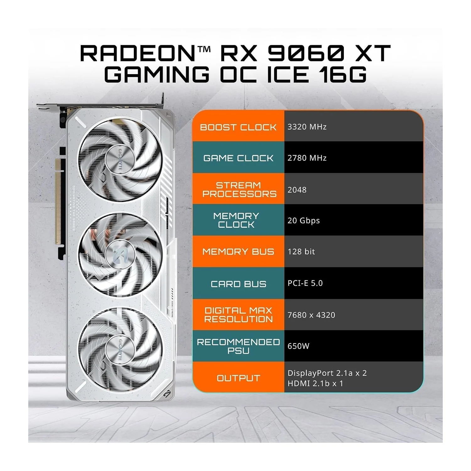 GIGABYTE Radeon RX 9060 XT Gaming OC ICE 16G graphics card, view 2