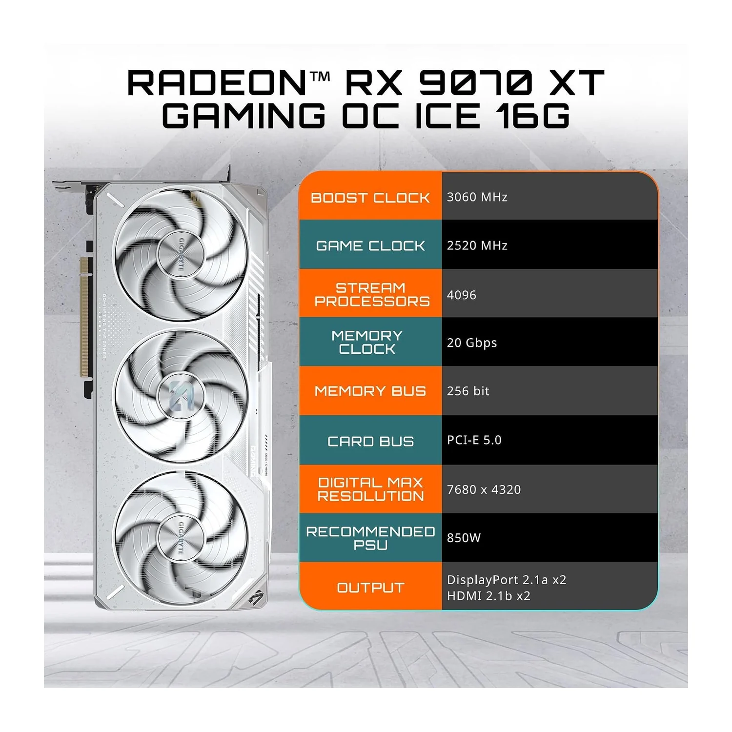 GIGABYTE Radeon RX 9070 XT Gaming OC ICE 16G graphics card, view 2