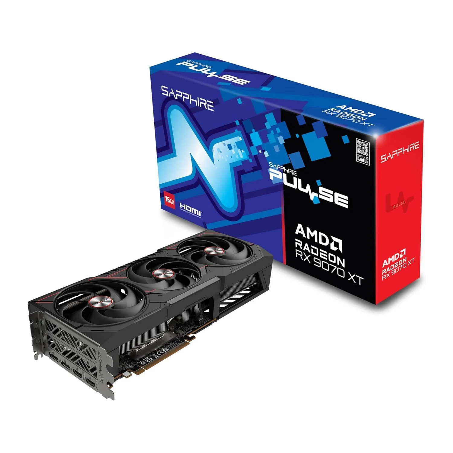 Sapphire Pulse Radeon RX 9070 XT graphics card with its retail box